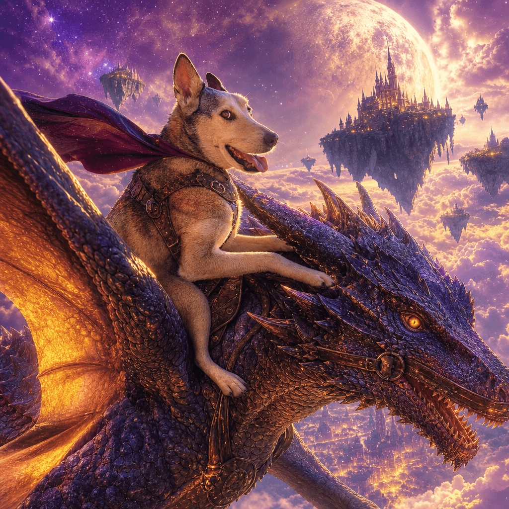 The same husky riding a dragon through a purple, moonlit sky past floating castles